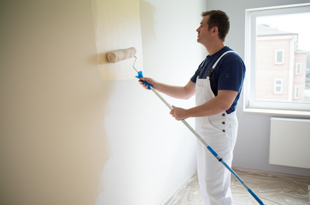 Professional painter working on interior wall