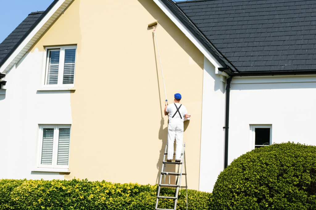 Painter applying exterior paint to a house