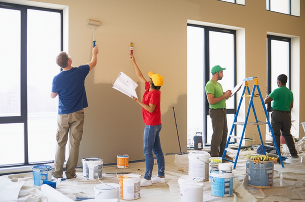 Team of painters collaborating on a commercial project